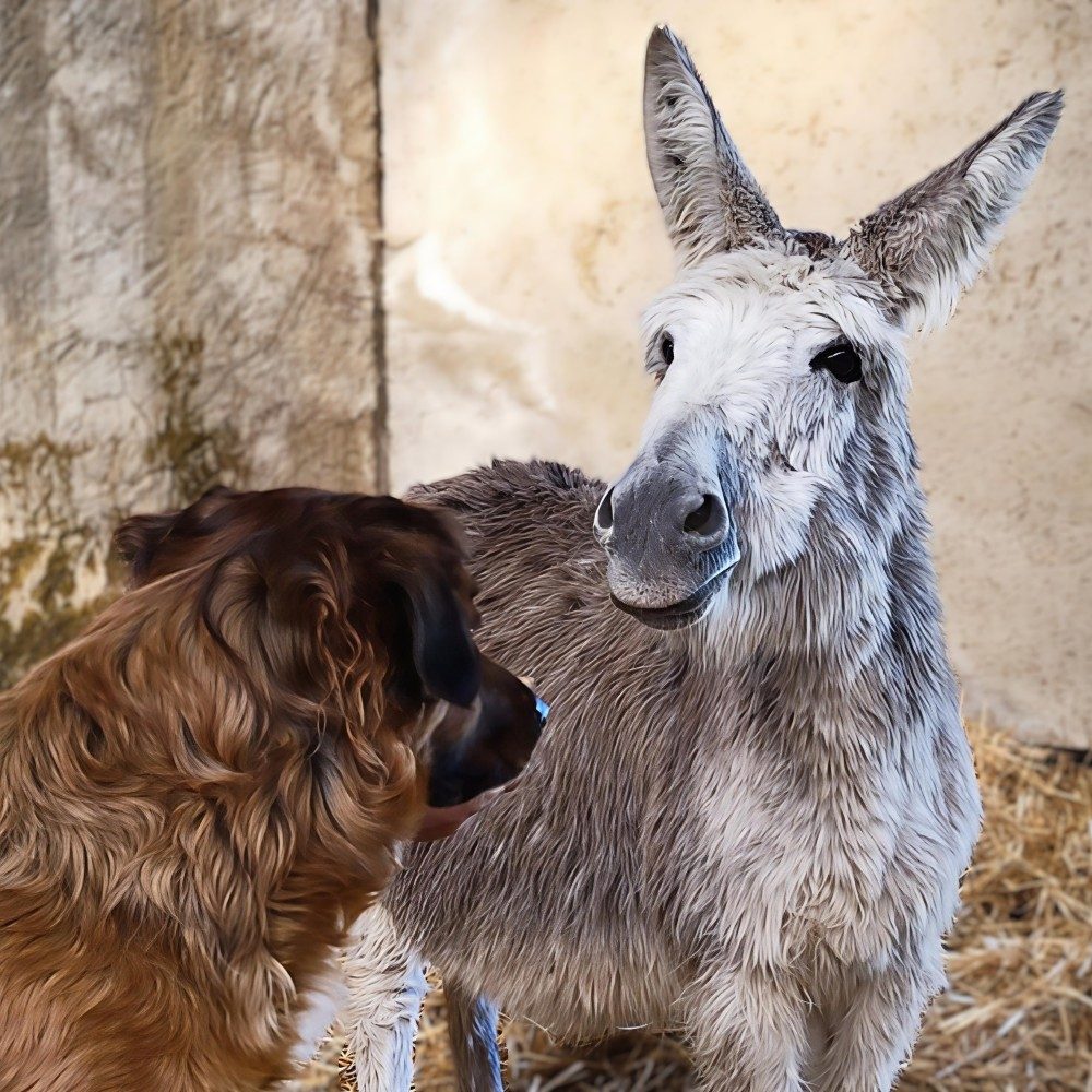 Ein Esel und ein großer hellbrauner Hund stehen sich in einem Stall gegenüber.