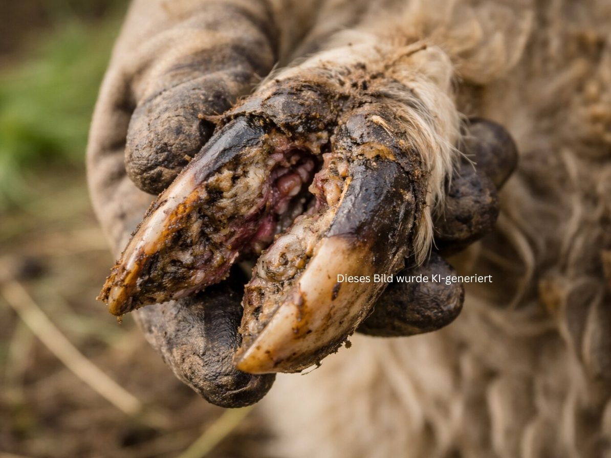 KI-generiertes Bild von einer Nahaufnahme einer an Moderhinke erkrankten Klaue.