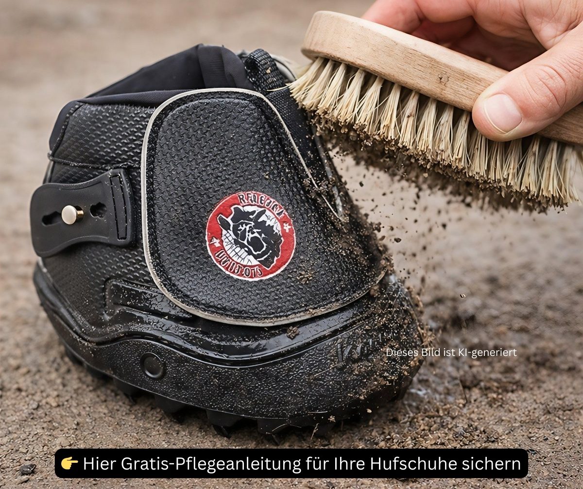 Hufschuh wird mit einer Bürste von Schmutz befreit.