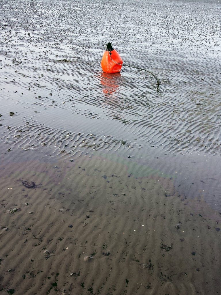 Orange Boje auf flachem, nassem Sand mit ausgeprägter Rillenstruktur.