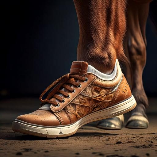 Ein Pferd trägt einen braunen Turnschuh. Dieses Bild ist KI-generiert.