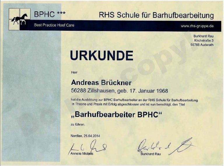 Urkunde "Barhufbearbeiter BPHC"